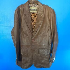 Excelled Men's Brown Leather Jacket Size 42R Button Front Classic Outerwear
